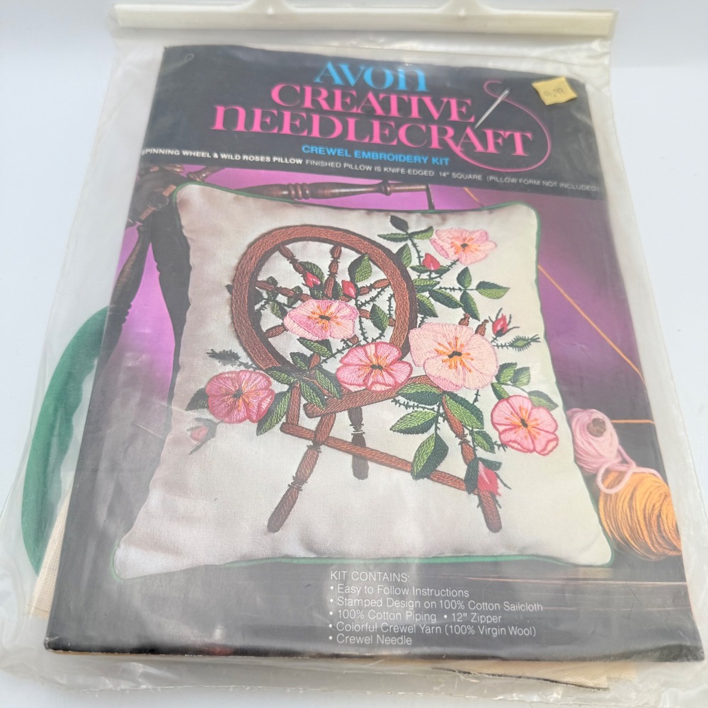 Vintage Avon Creative Needlecraft Crewel Embroidery Spinning Wheel Wild Roses
